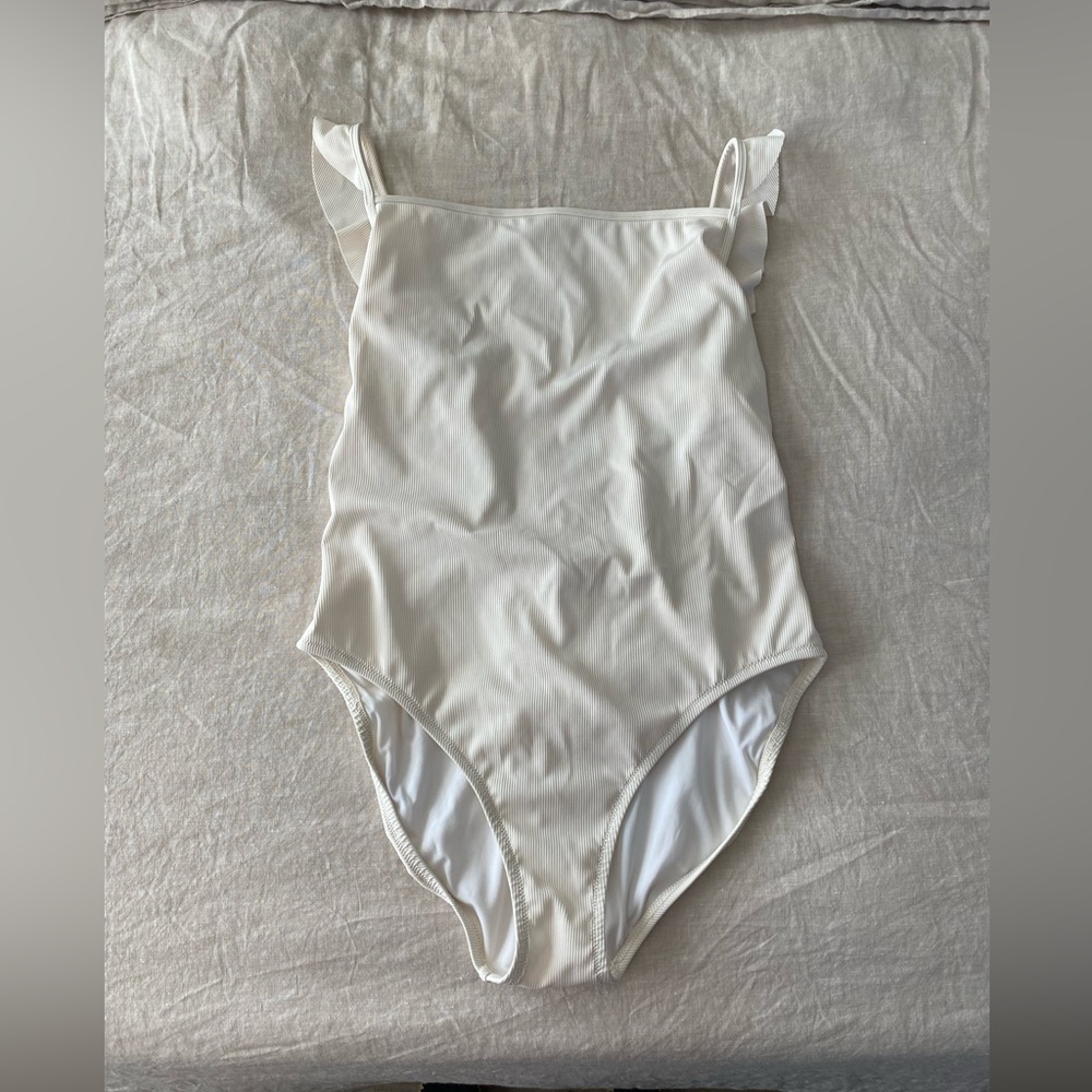 Madewell Cream Second Wave Ribbed Ruffle-strap One-Piece - Picture 4 of 9